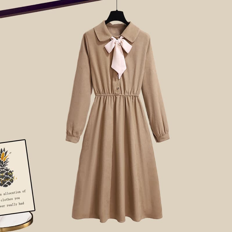 Elegant Cable Knit Sweater Lapel Long Sleeve Dress - Dress