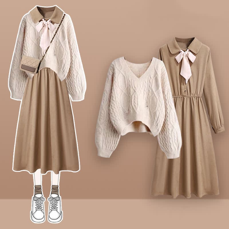 Elegant Cable Knit Sweater Lapel Long Sleeve Dress - Set