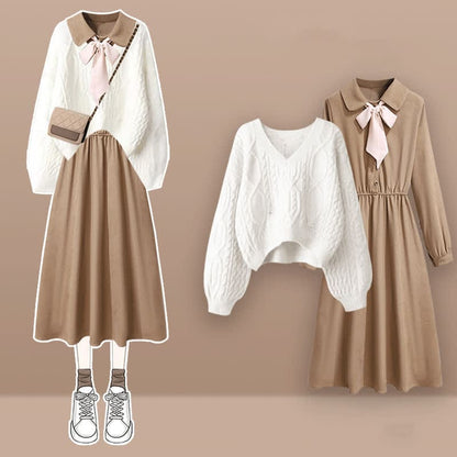 Elegant Cable Knit Sweater Lapel Long Sleeve Dress - Set B