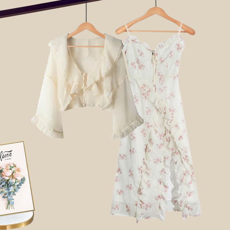 Elegant Cardigan Floral Print Split Slip Dress Set - Set / M