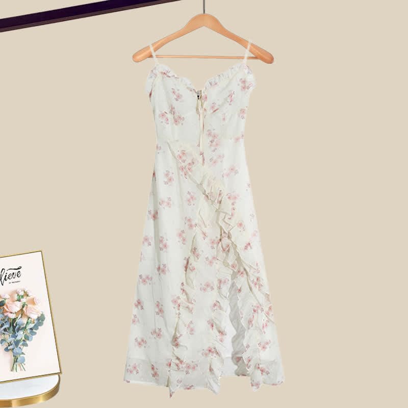 Elegant Cardigan Floral Print Split Slip Dress Set - Dress