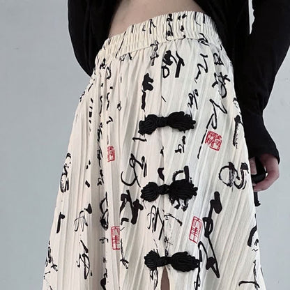 Elegant Character Print Buckle Split Skirt