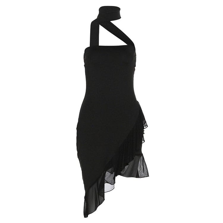 Elegant Chic Halter Ruffle Dress - S / Black - Dresses