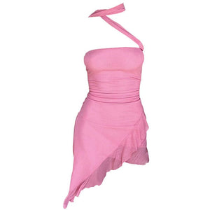 Elegant Chic Halter Ruffle Dress - S / Pink - Dresses