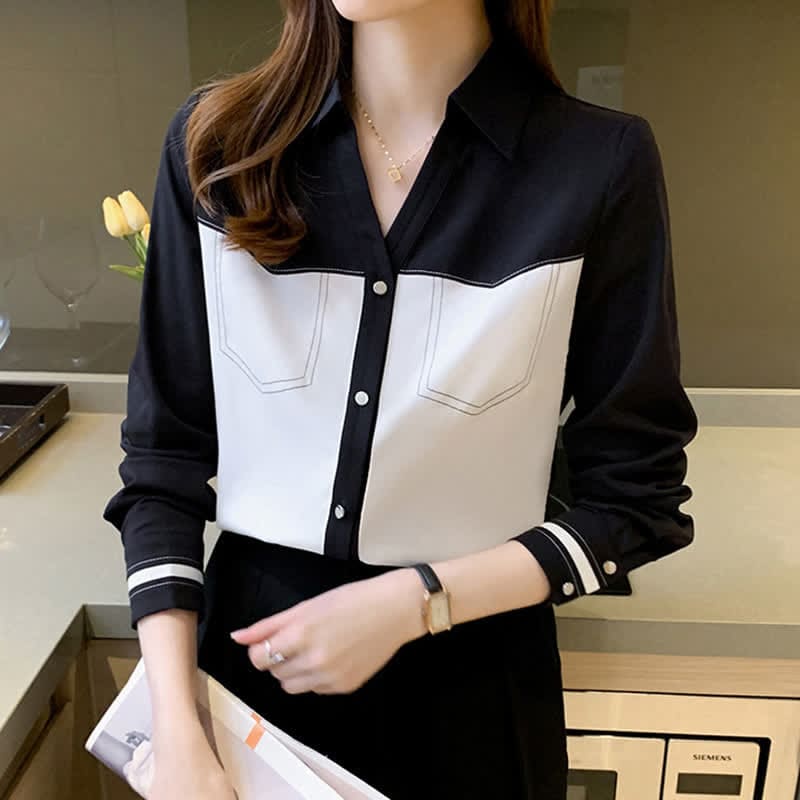 Elegant Colorblock Chiffon Shirt Workwear