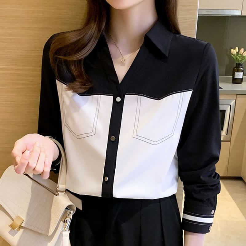 Elegant Colorblock Chiffon Shirt Workwear