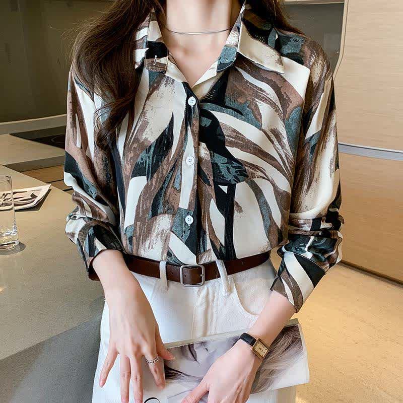 Elegant Colorblock Lapel Long Sleeve Chiffon Shirt