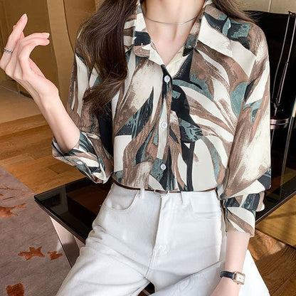 Elegant Colorblock Lapel Long Sleeve Chiffon Shirt