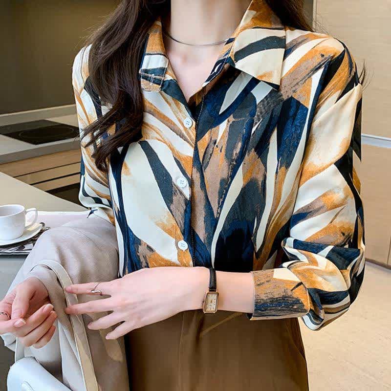 Elegant Colorblock Lapel Long Sleeve Chiffon Shirt