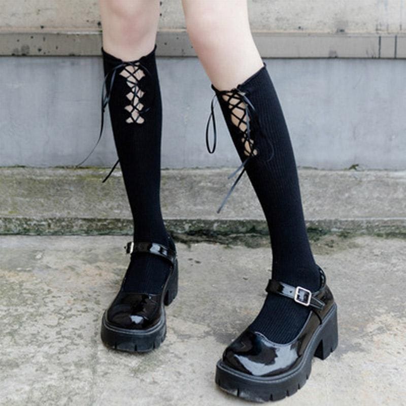 Elegant Cross Lace Strap Socks - Black A / One Size