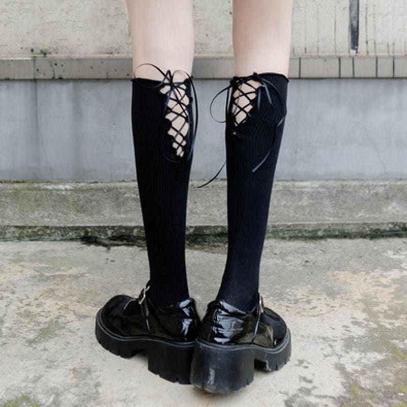 Elegant Cross Lace Strap Socks - Black B / One Size