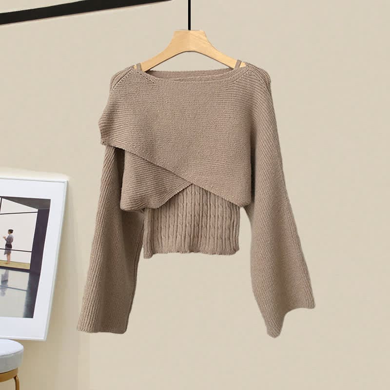 Elegant Cross Sweater Cable Knit Cami Top Skirt - Khaki