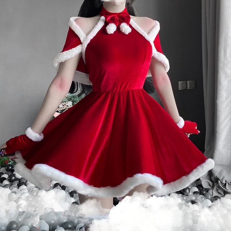 Elegant Cute Christmas Girl Red Halter Dress MK16652 KawaiiMoriStore Elegant Cute Christmas Girl Red Halter Dress MK16652 KawaiiMoriStore