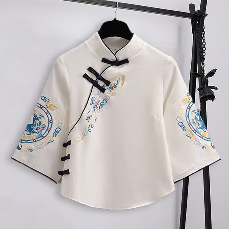 Elegant Deer Embroidery Buckle Shirt Skirt - Shirt / M