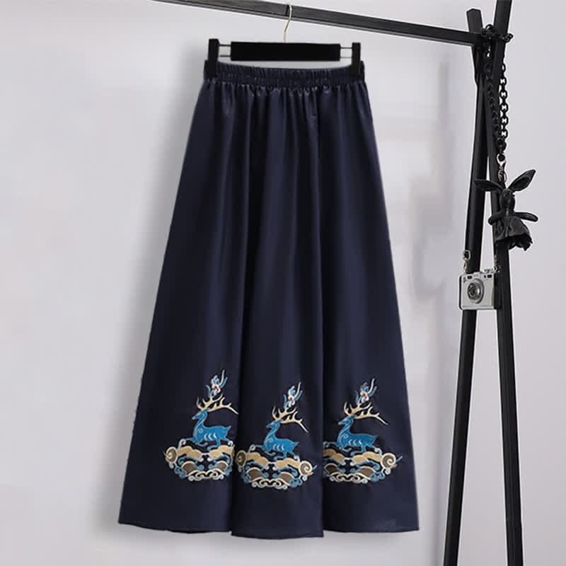 Elegant Deer Embroidery Buckle Shirt Skirt - Skirt