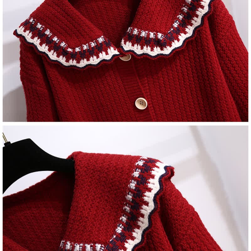 Elegant Doll Collar Knit Sweater Plaid Print Pleated Skirt