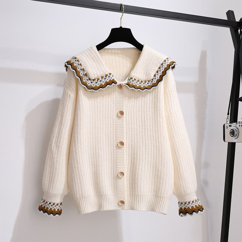 Elegant Doll Collar Knit Sweater Plaid Print Pleated Skirt