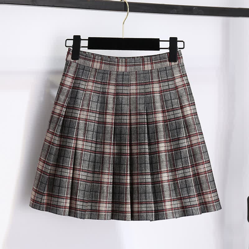 Elegant Doll Collar Knit Sweater Plaid Print Pleated Skirt