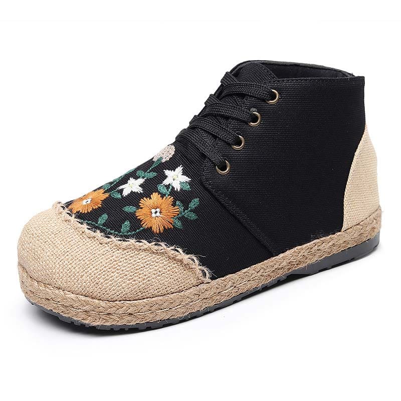 Elegant Embroidery Floral Lace up Canvas Boots - Black / 35