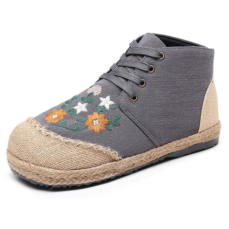 Elegant Embroidery Floral Lace up Canvas Boots - Grey / 35