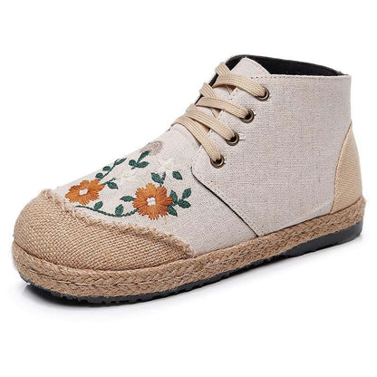 Elegant Embroidery Floral Lace up Canvas Boots - Linen / 35