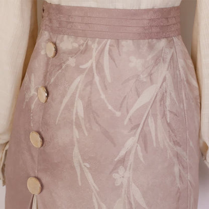 Elegant Embroidery Pink Shirt High Waist Split Pleated Skirt