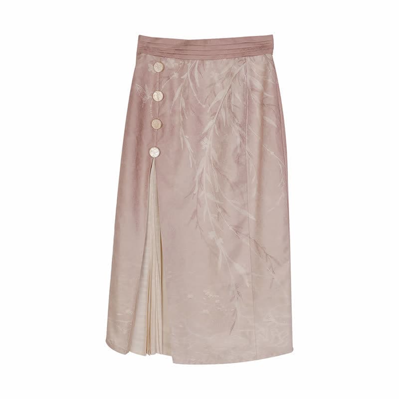 Elegant Embroidery Pink Shirt High Waist Split Pleated