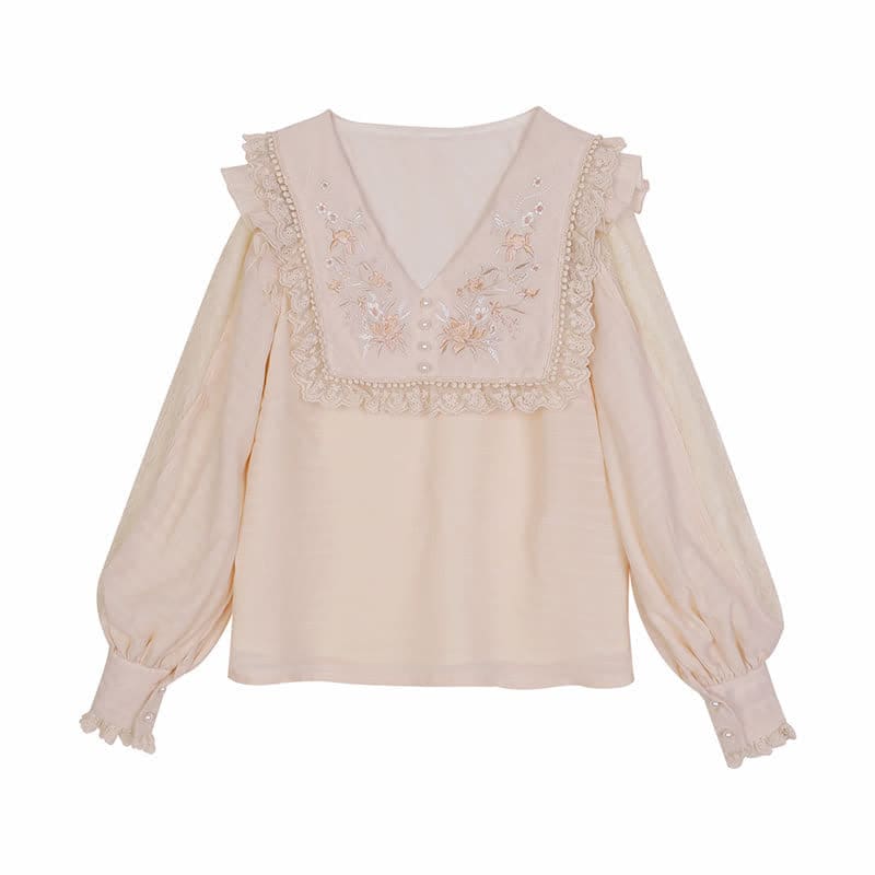 Elegant Embroidery Pink Shirt High Waist Split Pleated