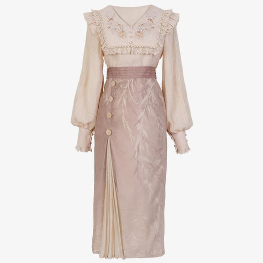 Elegant Embroidery Pink Shirt High Waist Split Pleated