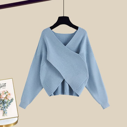 Elegant Fashion Cross Knit Sweater A-line Slip Dress - Blue