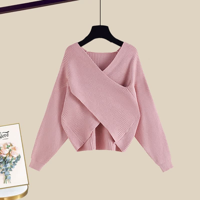 Elegant Fashion Cross Knit Sweater A-line Slip Dress - Pink