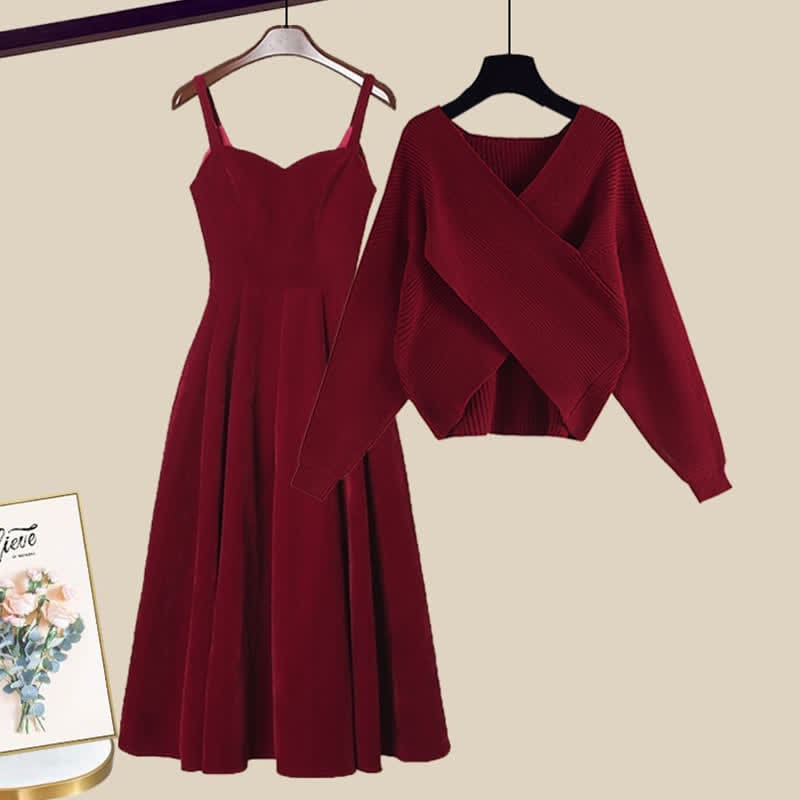 Elegant Fashion Cross Knit Sweater A-line Slip Dress - Set