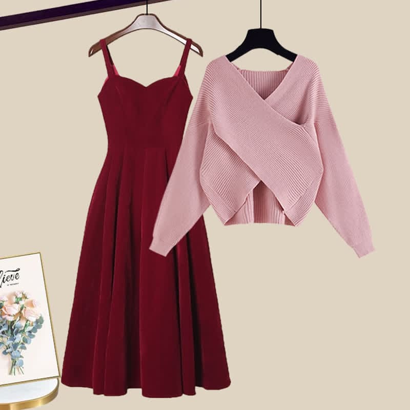 Elegant Fashion Cross Knit Sweater A-line Slip Dress - Set