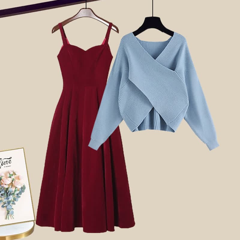 Elegant Fashion Cross Knit Sweater A-line Slip Dress - Set