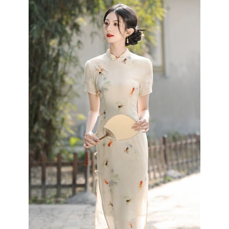 Elegant Fish Printing Cheongsam - S - Female Hanfu