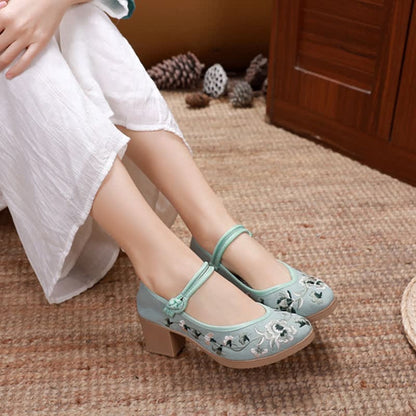 Elegant Floral Embroidery Buckle High Heel Shoes