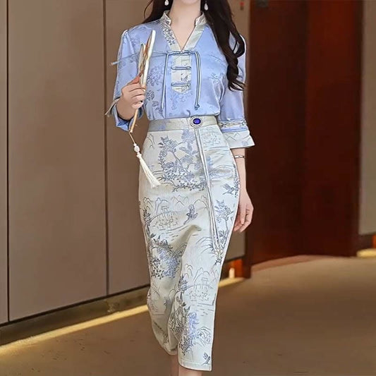 Elegant Floral Shirt Embroidery Skirt Two Pieces Set