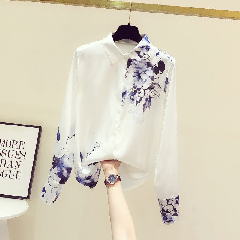 Elegant Flowers Print Long Sleeve Shirt - White / M