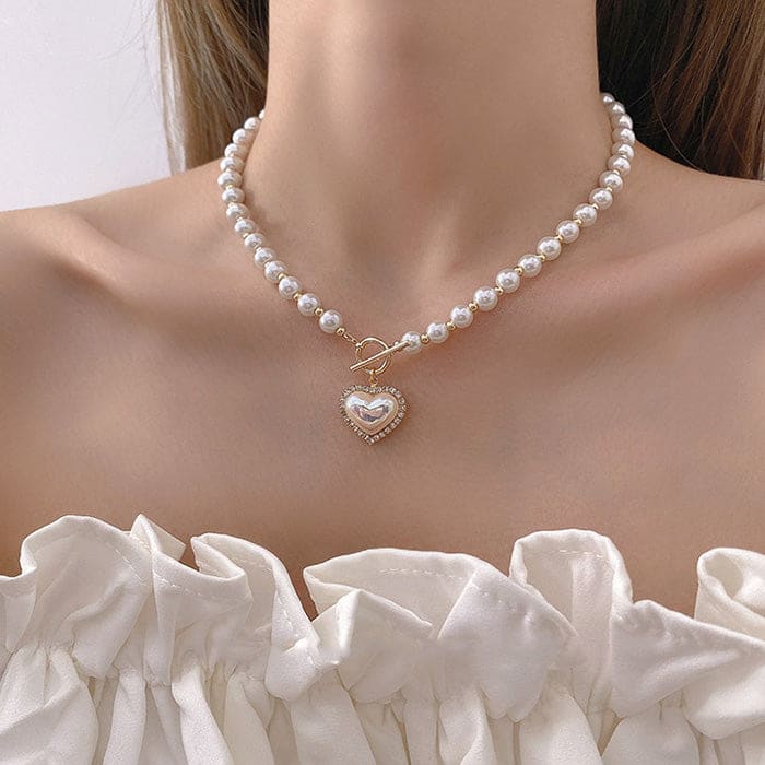 Elegant Heart Pearl Necklace - Standart - Necklace