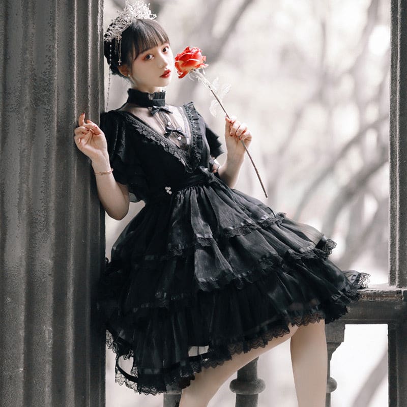 Elegant High Collar Lace Bow Knot Lolita Dress