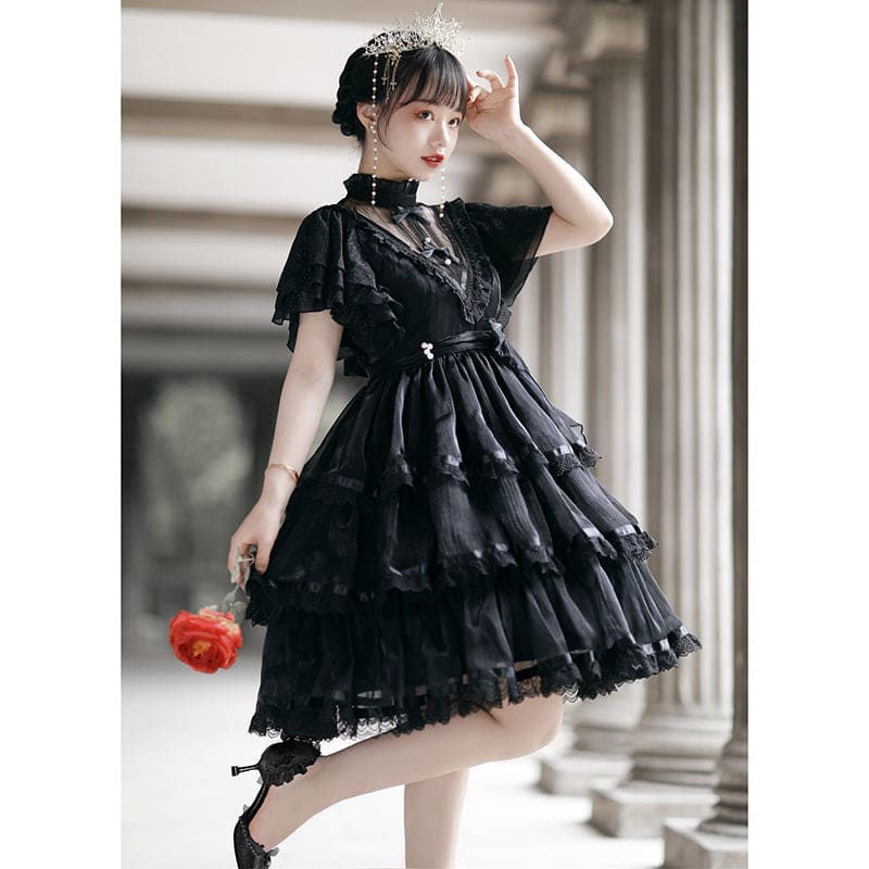 Elegant High Collar Lace Bow Knot Lolita Dress