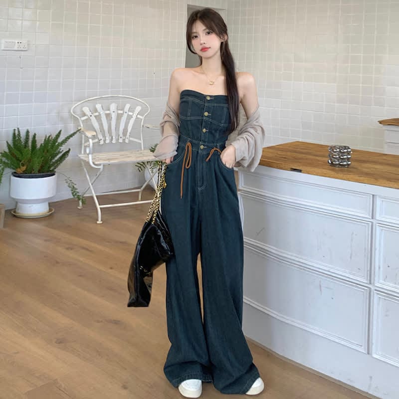 Elegant Knit Cardigan Off The Shoulder Denim Overalls