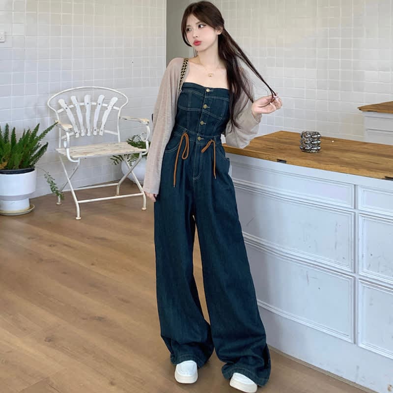 Elegant Knit Cardigan Off The Shoulder Denim Overalls