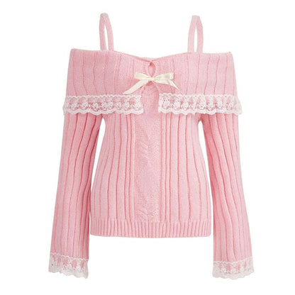 Elegant Knit Lace Sweater - S / Pink - Sweaters