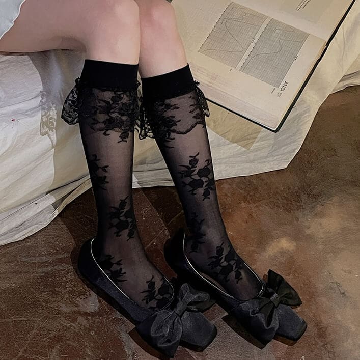 Elegant Lace Flower Lolita Stockings - Black - Stockings