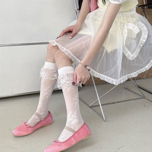 Elegant Lace Flower Lolita Stockings - White - Stockings