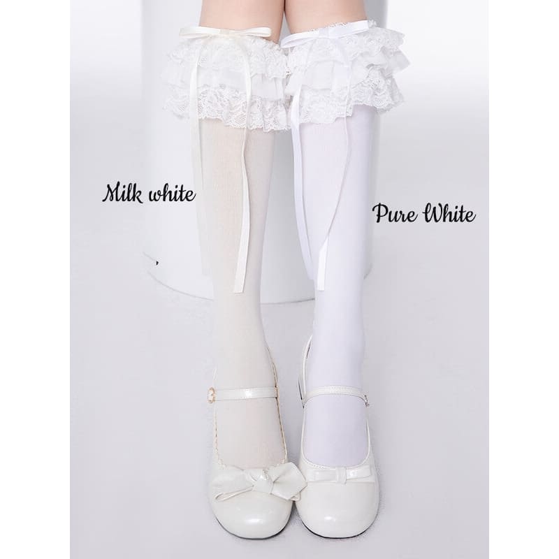 Elegant Lace Layers Stockings - Milk White / Over the Knee