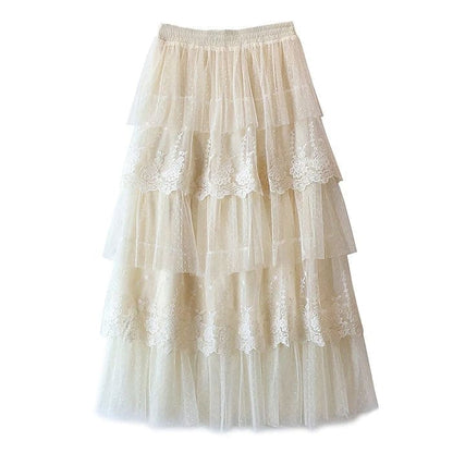 Elegant Lace Long Skirt - Free Size / Beige - Skirt