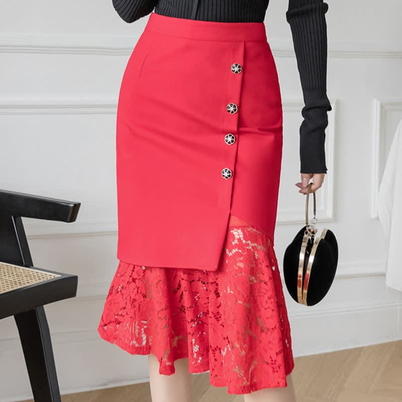 Elegant Lace Stitching Button Front Skirt - Red / S