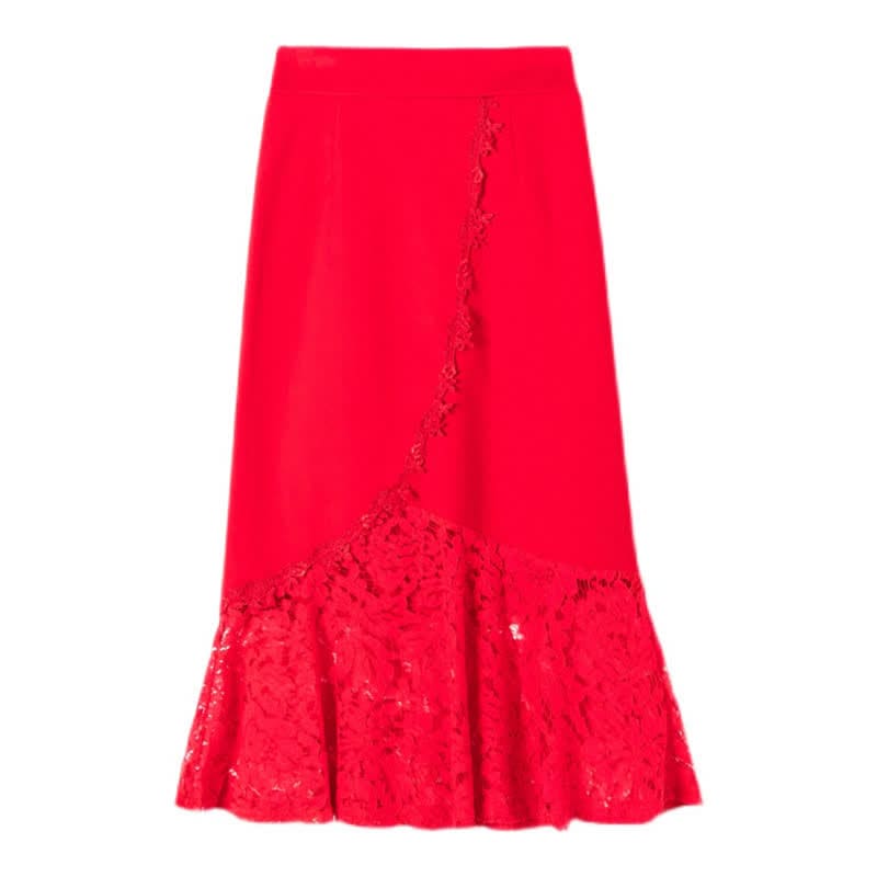 Elegant Lace Stitching Skirt - Red / S